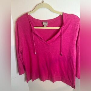 Chico's Fuschia 3/4-Sleeve V-neck Tie Up Tunic Top Cotton Blend pullover Sz 2
